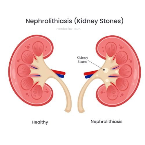 Picture showing normal kidney and that with a kidney stone