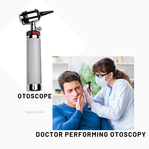 Otoscope and doctor performing otoscopy