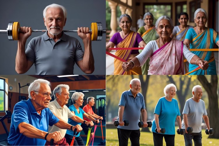 FAQs on Muscle Mass Building 1 Senior citizens exercising with weights and exercise bands in faqs on muscle mass building
